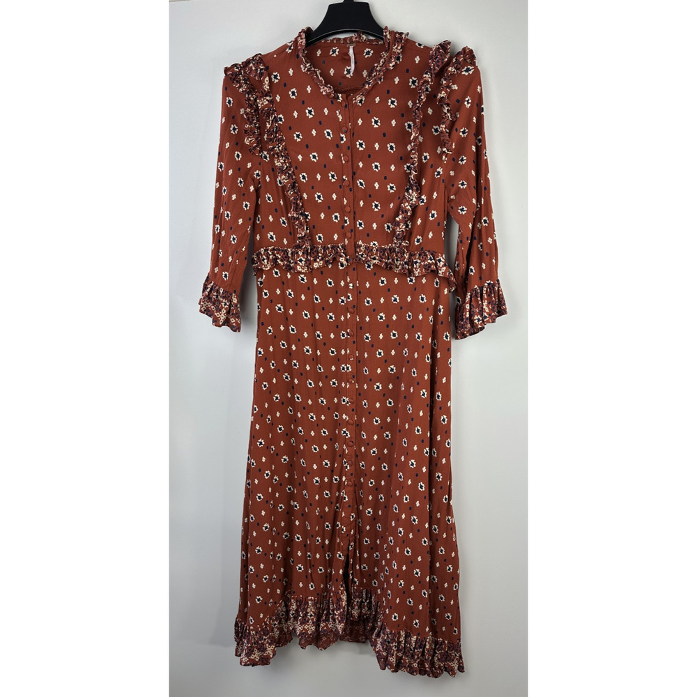 Free People Calico Skies Midi Dress Ruffle Button Boho Cottagecore Western Large - Picture 2 of 16